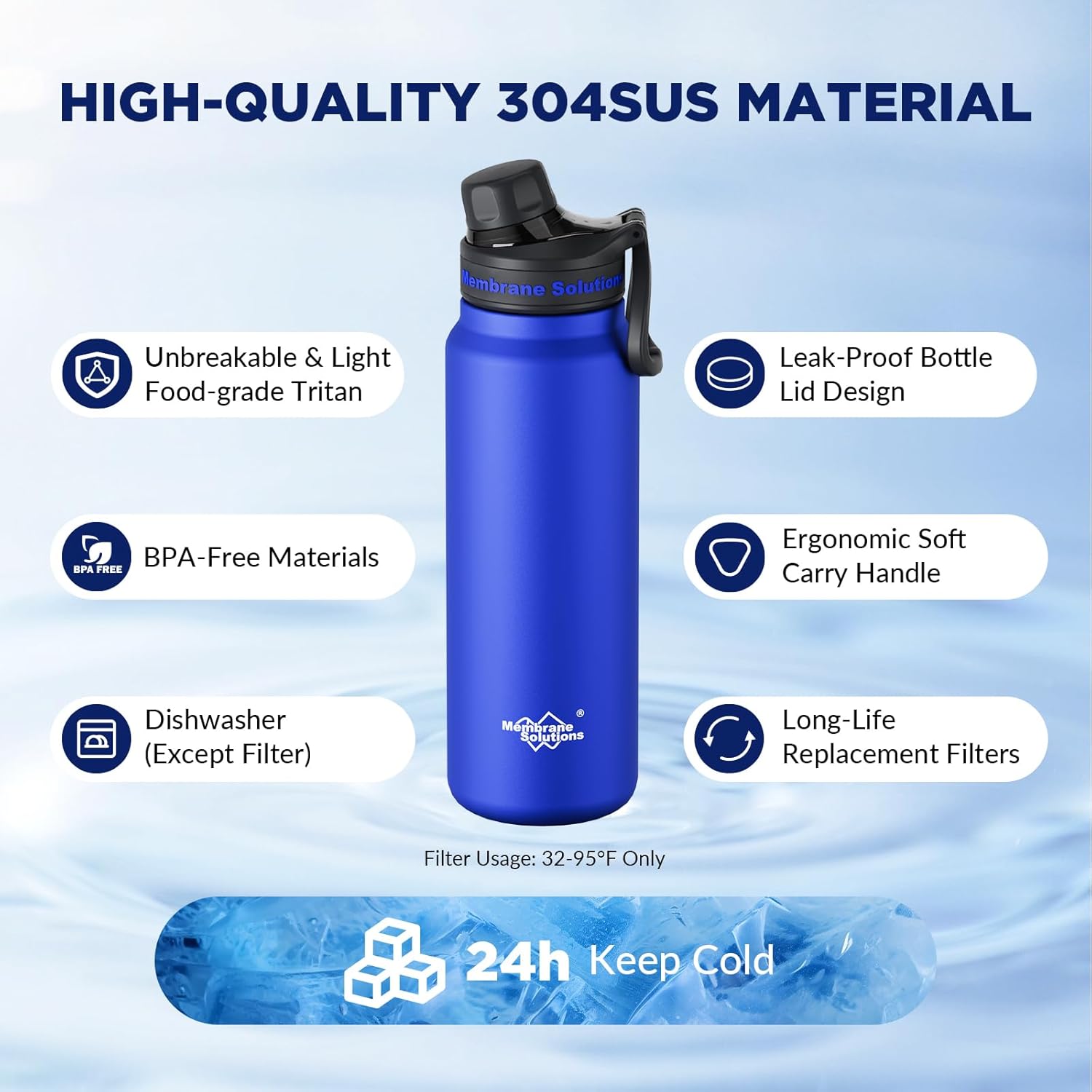 Membrane Solutions C3 0,95 L Edelstahl-Trinkflasche mit ACF & UF Filter für Camping & Survival