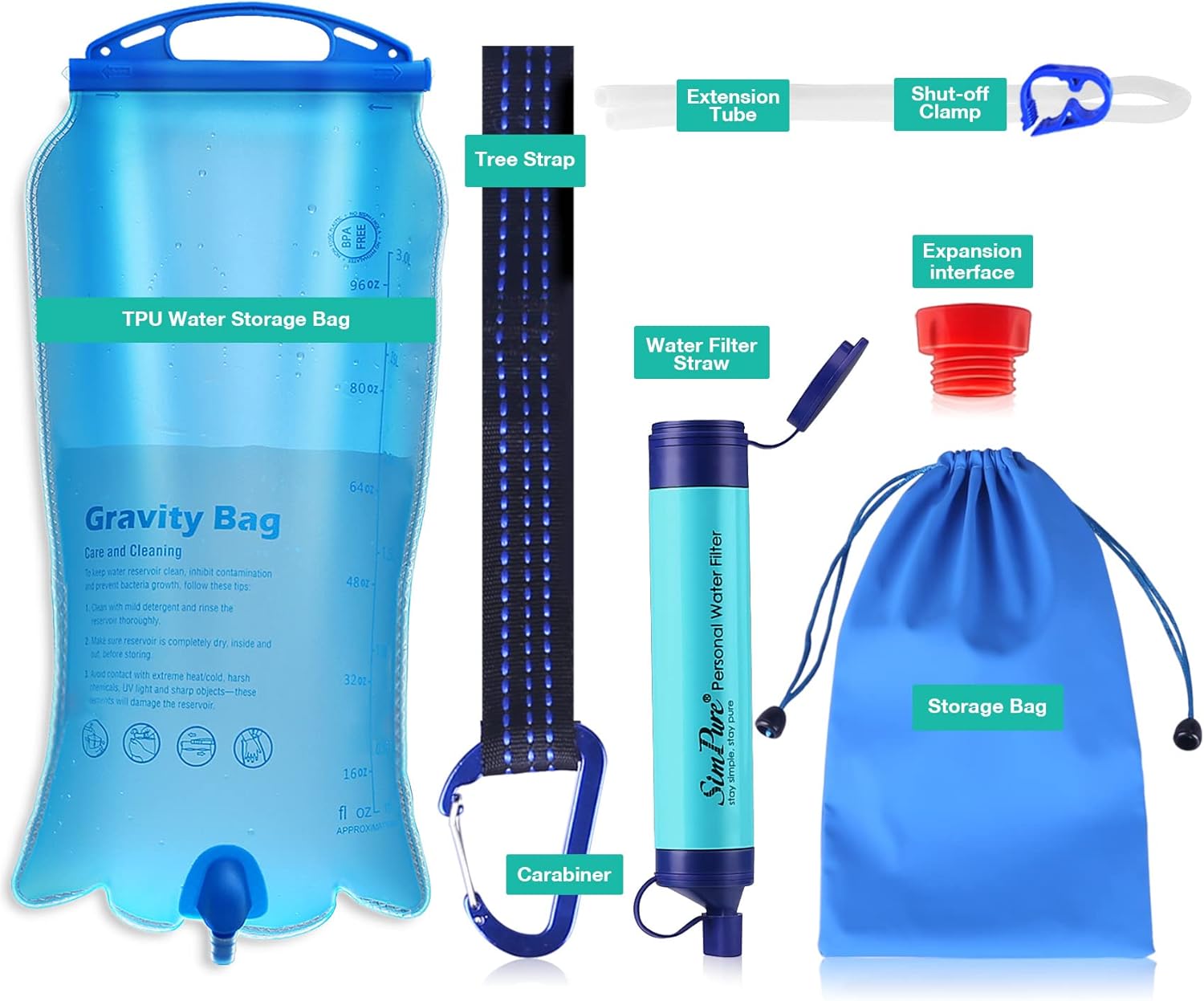 SimPure Persönlicher 3L Schwerkraft-Wasserfilter – Tragbarer Filter für Camping, Wandern & Notfälle