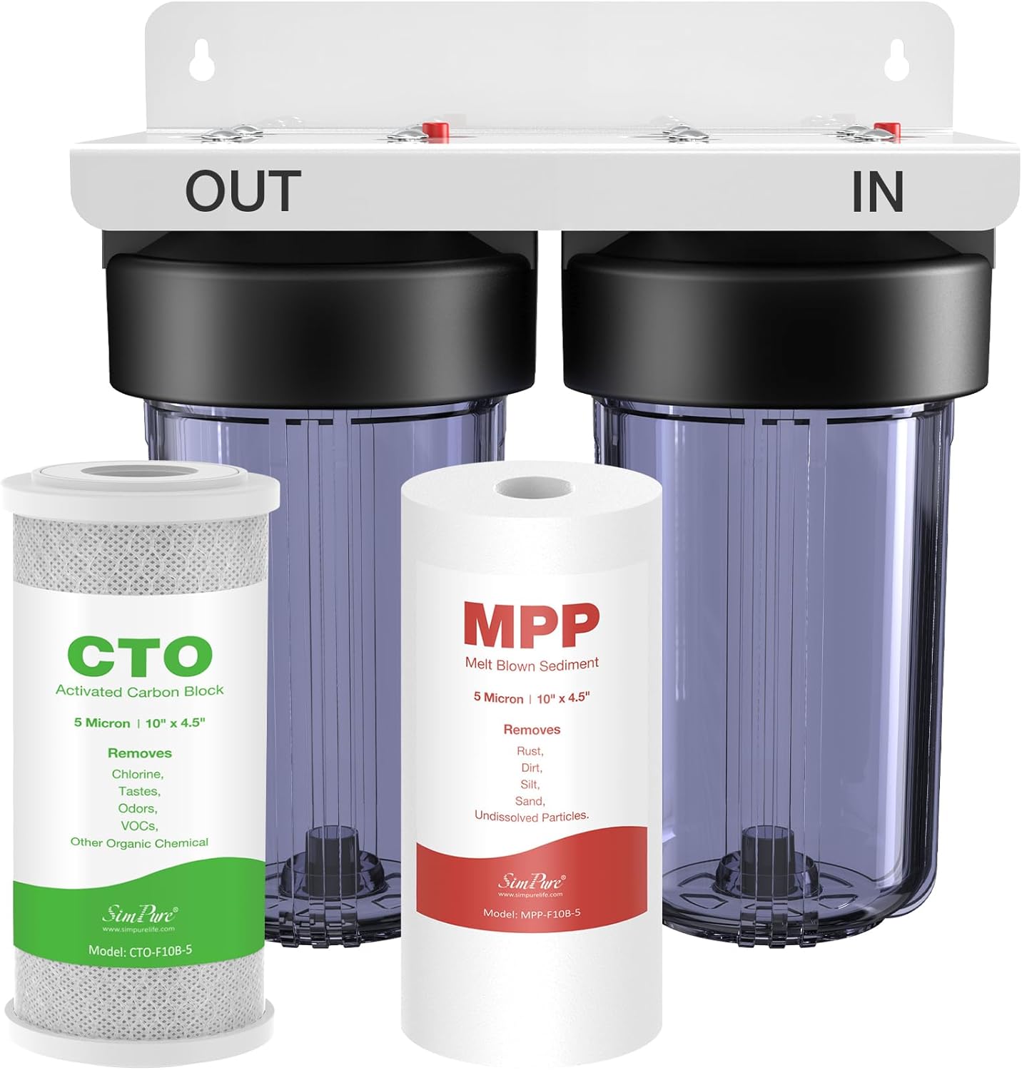 SimPure DB10C-2 Hauswasserfiltersystem, 2-Stufen-Filter mit Aktivkohle & Sedimentfilter, 10" x 4,5", 1" Anschlüsse