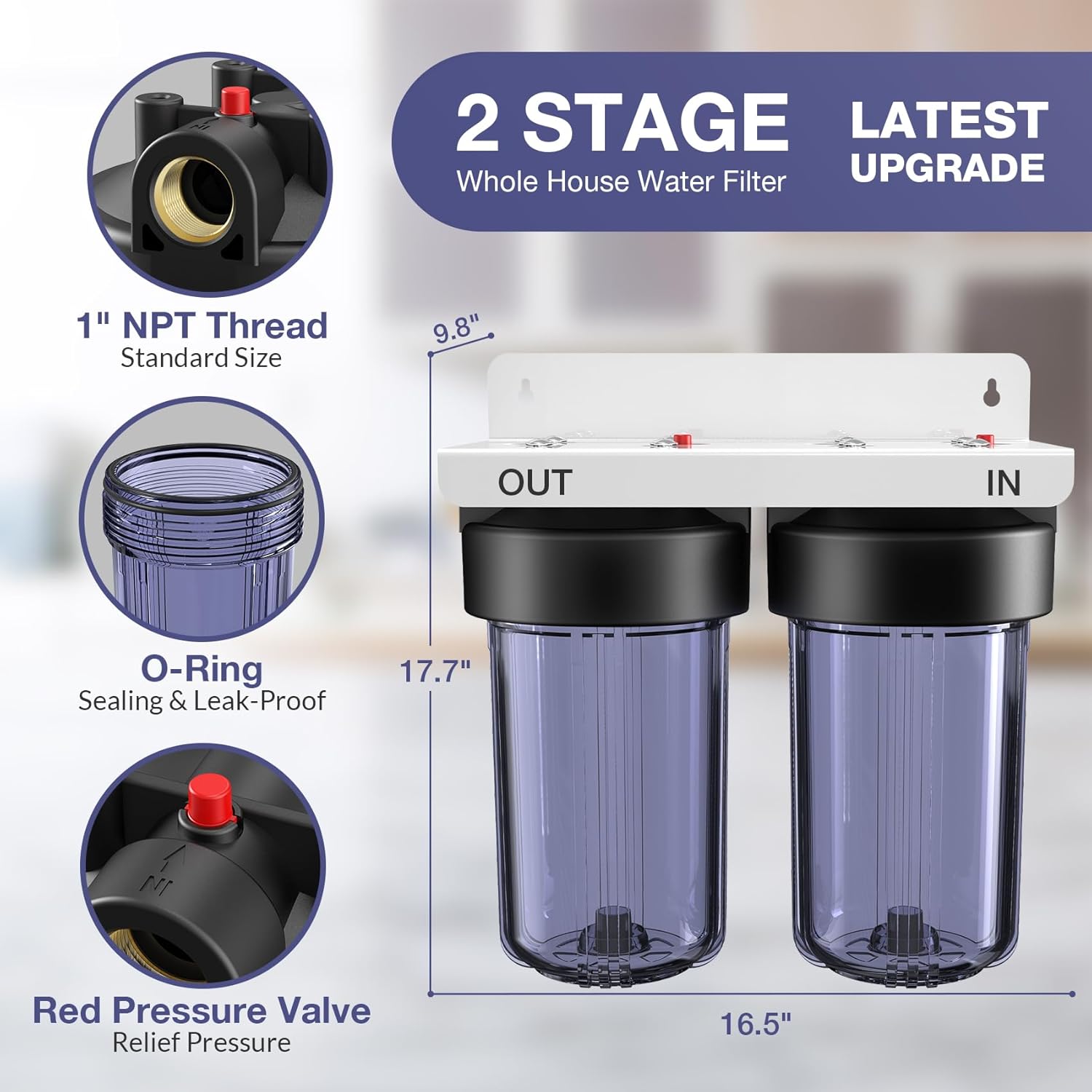 SimPure DB10C-2 Hauswasserfiltersystem, 2-Stufen-Filter mit Aktivkohle & Sedimentfilter, 10" x 4,5", 1" Anschlüsse