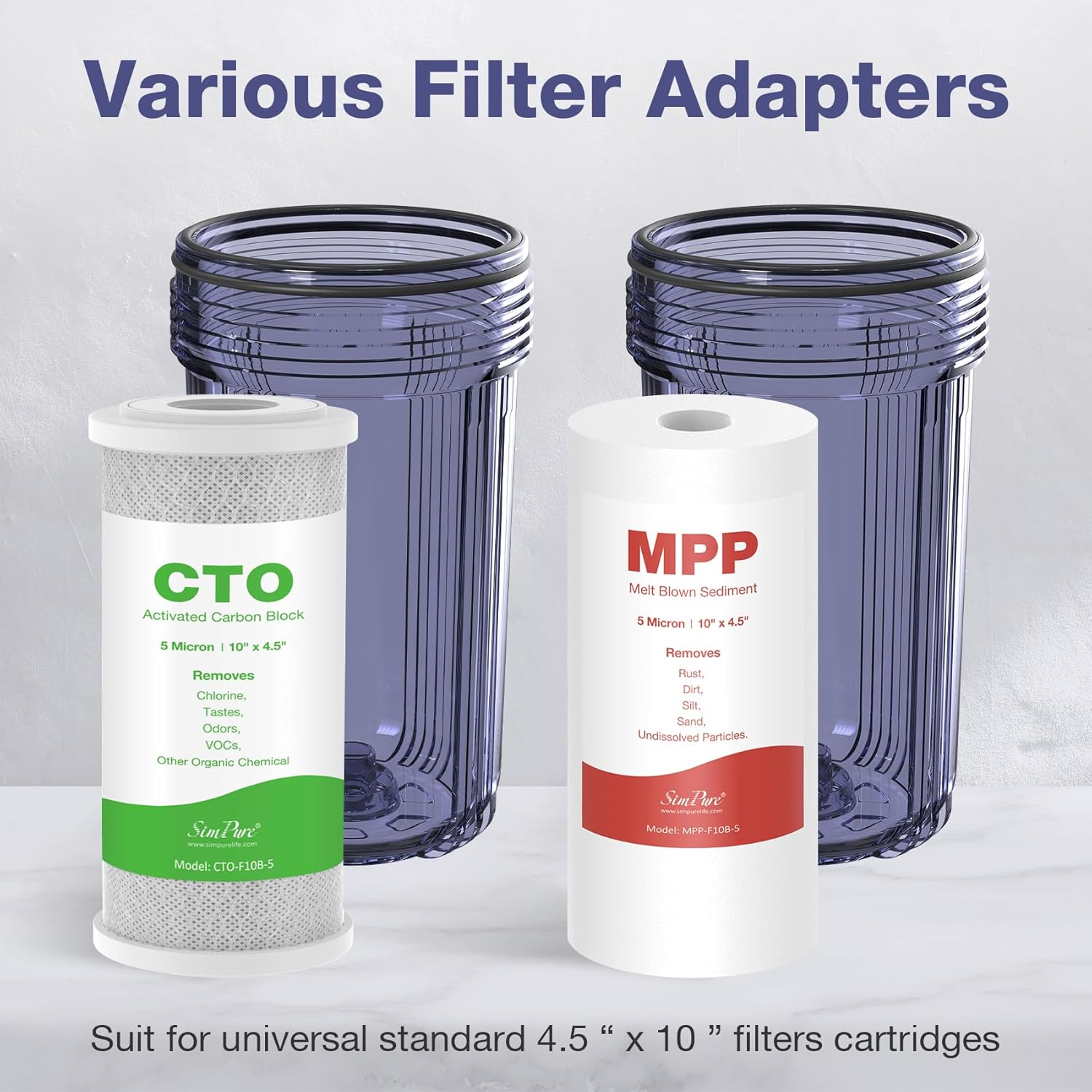 SimPure DB10C-2 Hauswasserfiltersystem, 2-Stufen-Filter mit Aktivkohle & Sedimentfilter, 10" x 4,5", 1" Anschlüsse