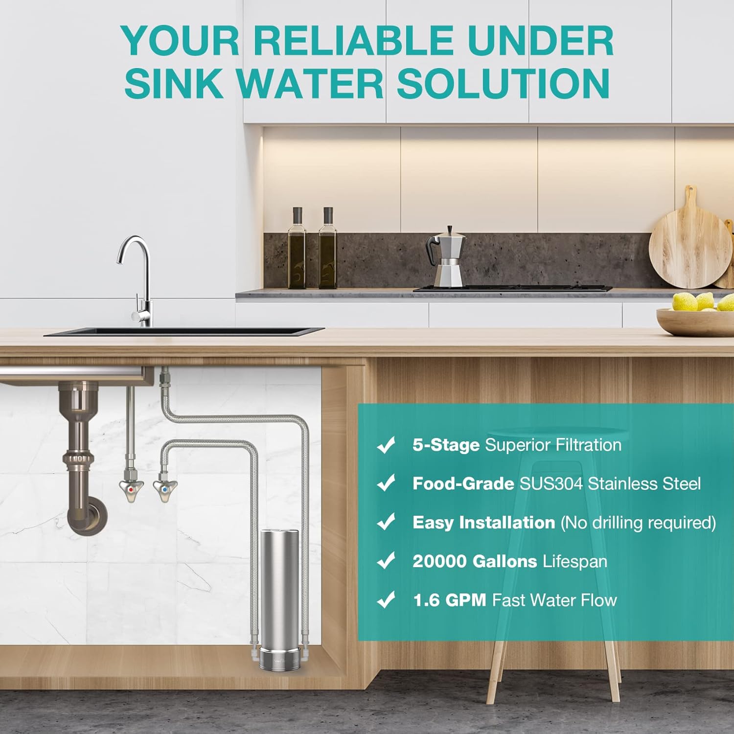 SimPure V7 Untertisch-Wasserfilter, 5-stufiger Edelstahlfilter, 75.000 L Kapazität, reduziert 99% Blei & Chlor